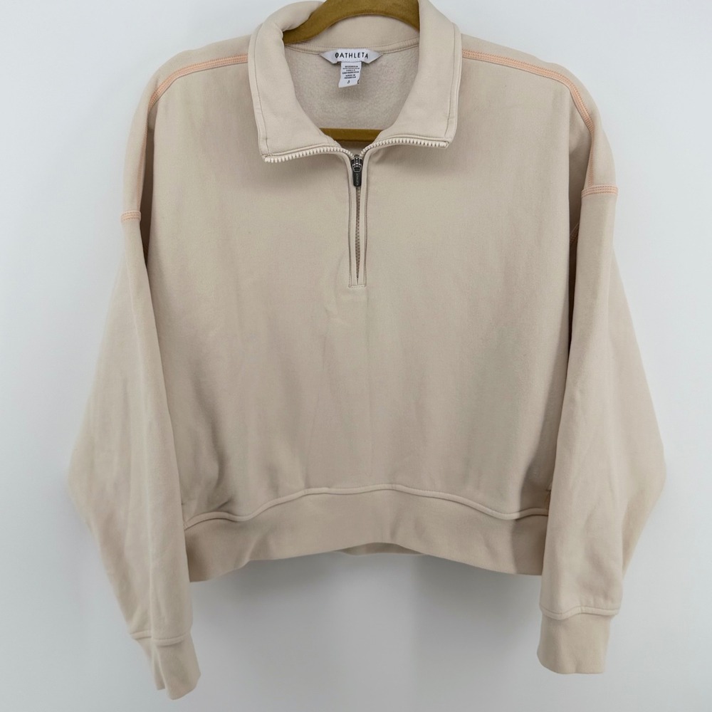 Athleta Womens Large Fleece 1/2 Half Zip Pullover Sweatshirt Cream Peach‎ Trim L